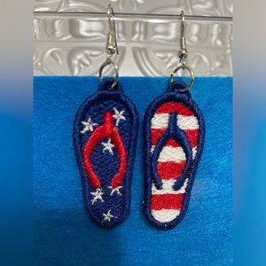 Handmade Embroidered free standing lace FlipFlop patriotic earrings.